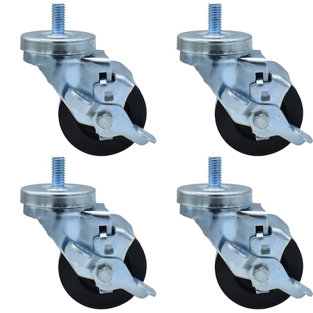 Bk Resources 3-inch Threaded Stem Casters, Hard Rubber Wheels, Brake, 300lb Cap, Grease/Water Resistant, 4PK 3SBR-4ST-HR-PS4